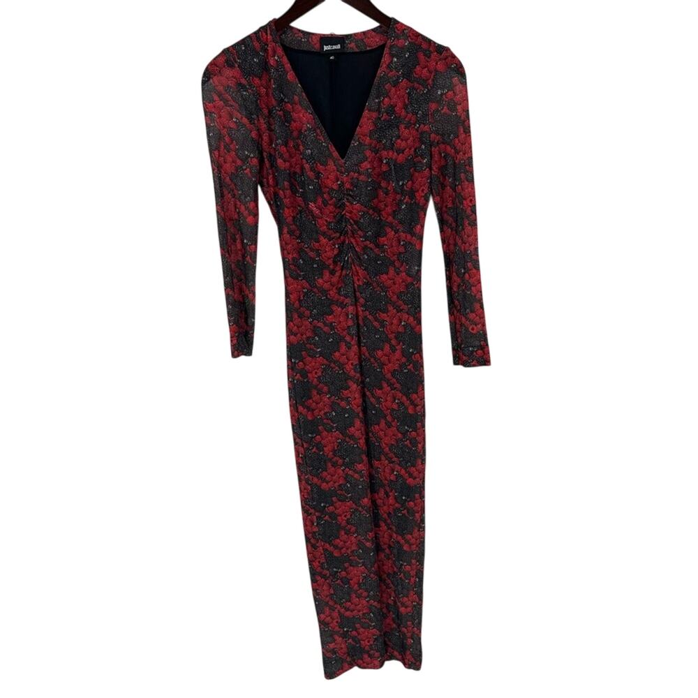 Just Cavalli Midi Dress Ruche Half Sleeve V Neck Mesh Y2K Red Black Size 40 2